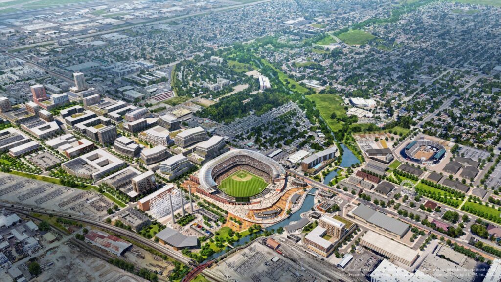 Aerial view of The District development looking northwest toward America First Field