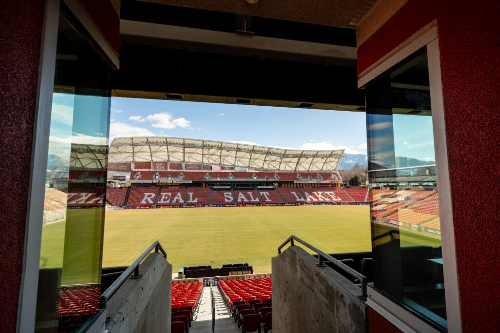 Aerial view of America First Field stadium and surrounding The District development
